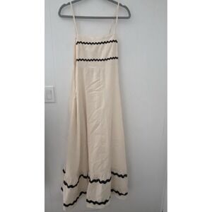 PrettyGarden Smocked Maxi Dress Cream Black Ric Rac Trim M